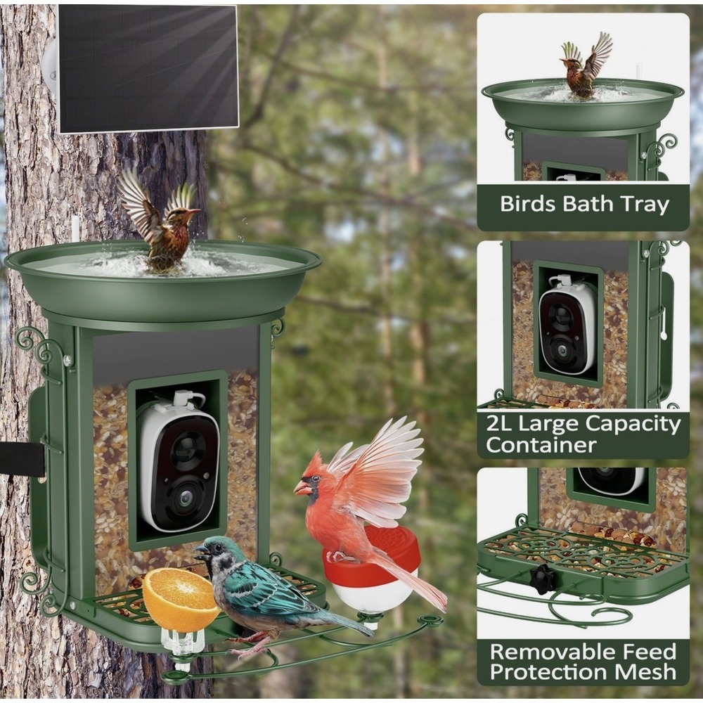 Smart Bird Feeder AI 1080P Camera Solar Powered Portable Bath Tray Birds Cage AU